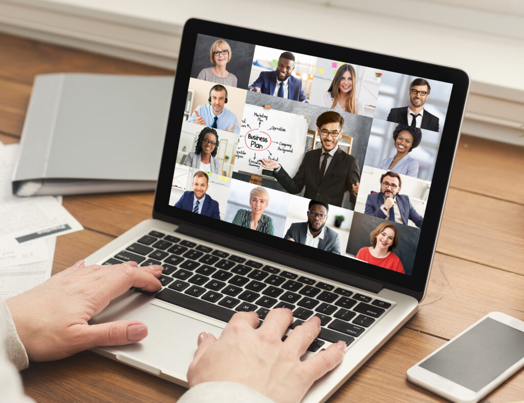 Laptop Screen With Business People Having Group Video Call, Closeup