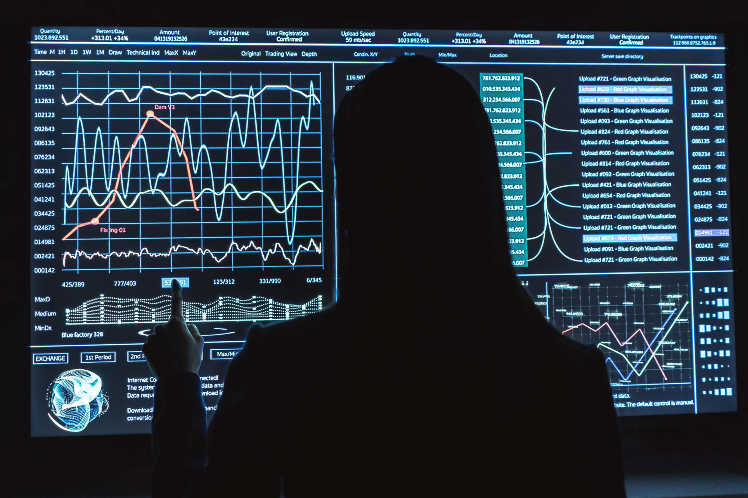 The business lady works with sensor monitor in the dark office