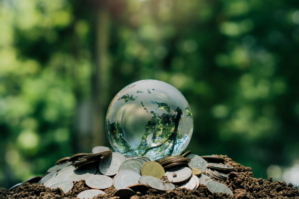 Crystal earth on coin with nature background.The concept of savi