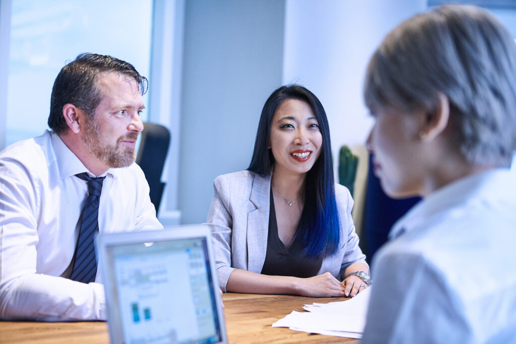 Colleagues in business meeting using laptop